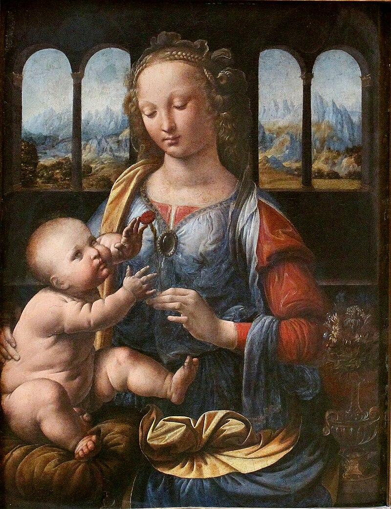 Moment image for Leonardo da Vinci's "Madonna of the Carnation" showcases his early artistry and innovative techniques.