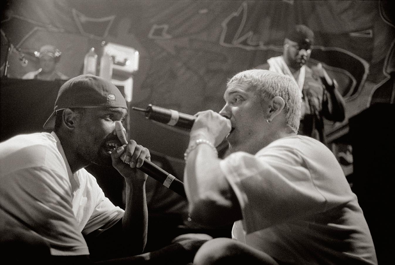 Moment image for Eminem and Proof form rap group D12 to showcase Detroit's talent and boost success.