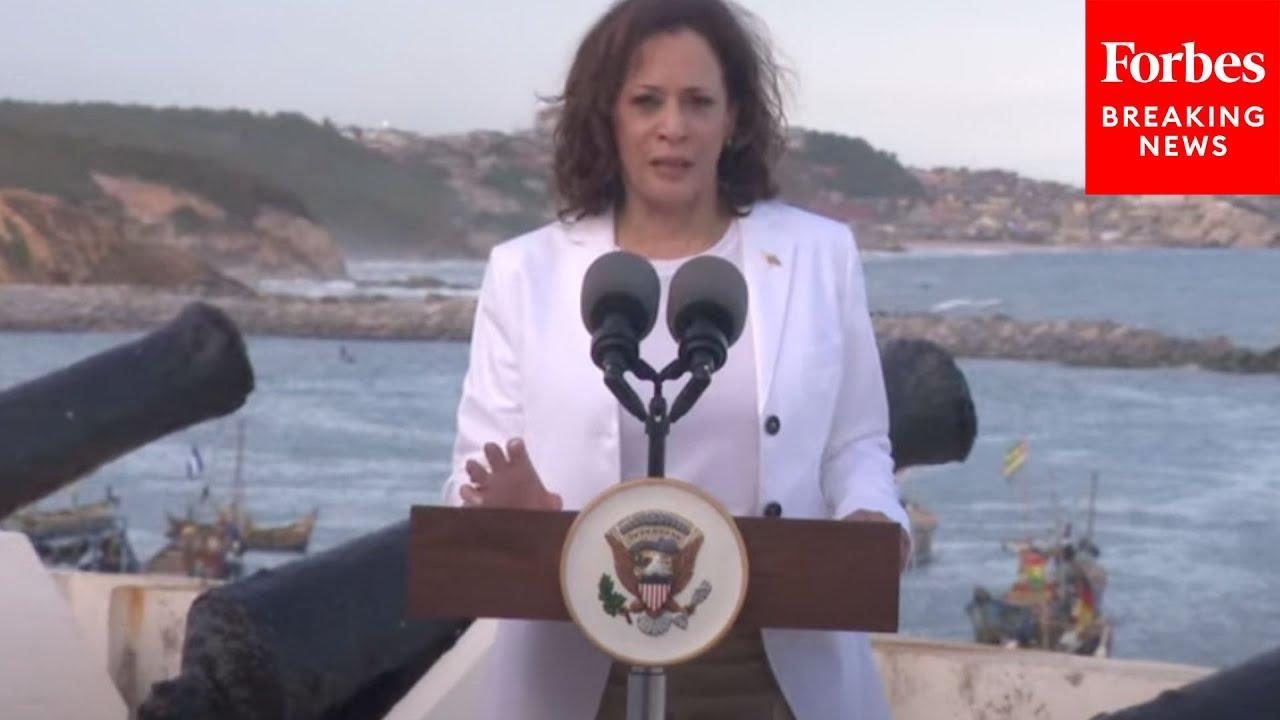 Moment image for US Vice President Kamala Harris visits the former slave port Cape Coast Castle in Ghana as part of her tour of Ghana and Tanzania.